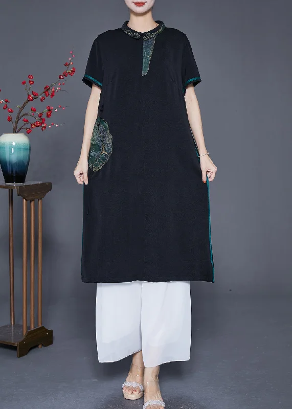 bohemian dressHandmade Black Embroideried Patchwork Silk Long Dresses Summer