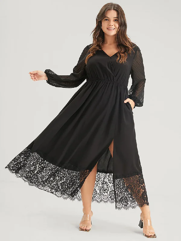 shift dressSolid Split Eyelet Lace Belted Pocket Button Wrap Maxi Dress