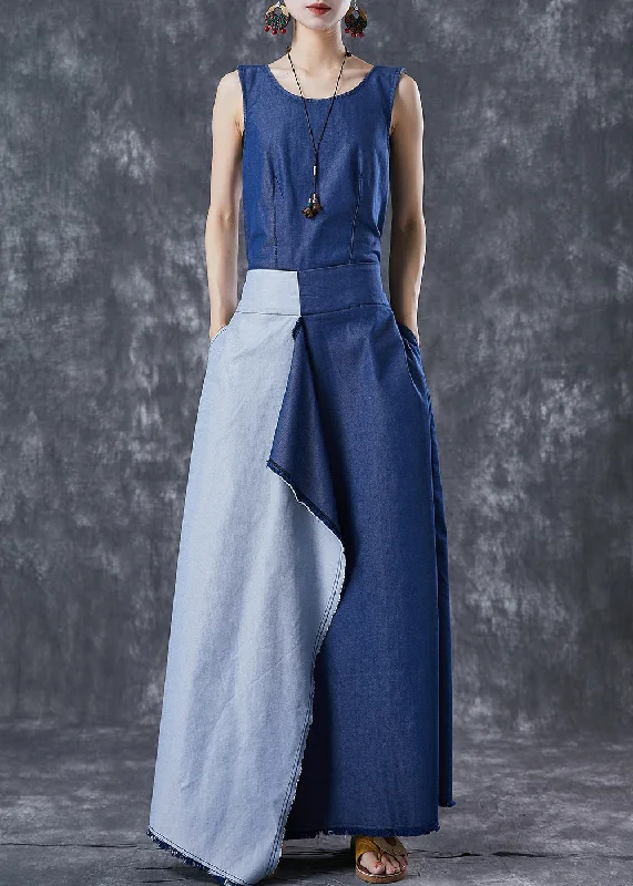 comfy dressFashion Blue Asymmetrical Patchwork Backless Denim Dress Summer