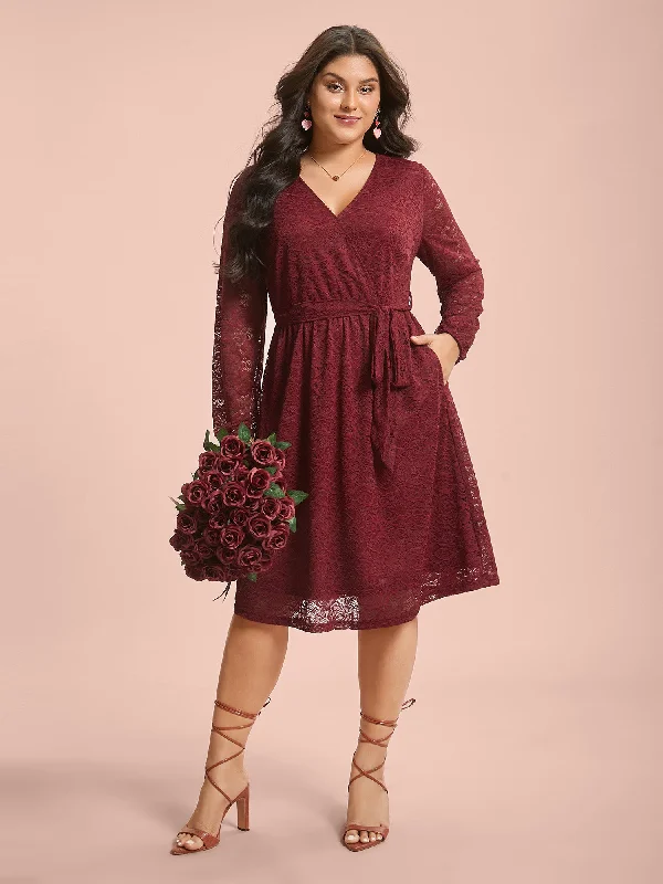 velvet dressCrochet Lace Mesh Surplice Neck Belted Dress