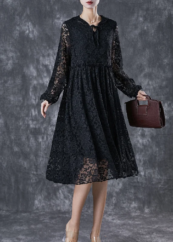 casual summer dressFrench Black Hooded Hollow Out Lace Maxi Dresses Fall