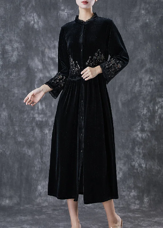 casual dressBohemian Black Embroidered Ruffled Silk Velour Dress Spring