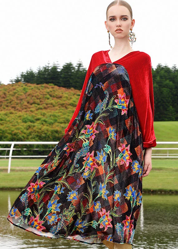 formal dressHandmade Black V Neck Print Silk Velour Patchwork Maxi Dresses Fall