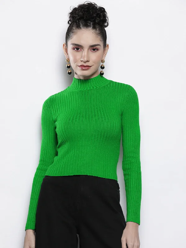 trendy fitness sweatshirtWomen Green Rib High Neck Full Sleeves Sweater