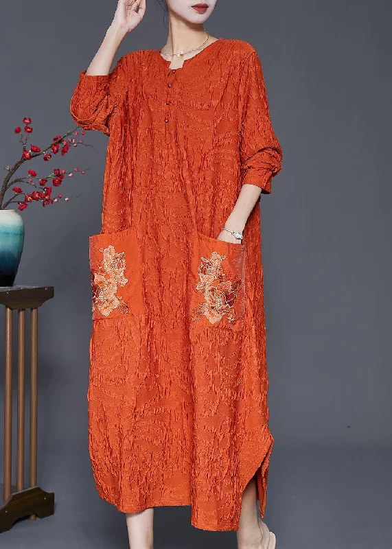 off-the-shoulder dressFashion Orange Embroidered Wrinkled Silk Ankle Dress Fall