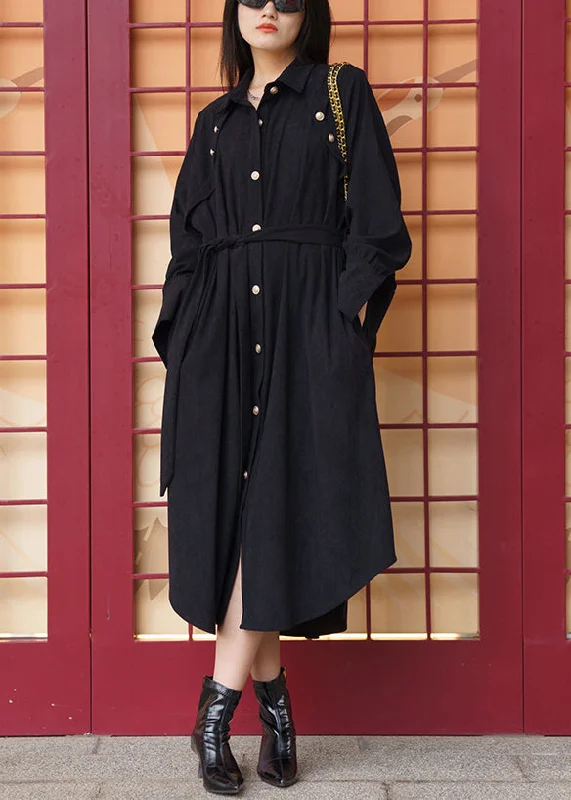 boho-chic dressWomen Black Pockets Tie Waist Cotton Shirt Dress Long Sleeve