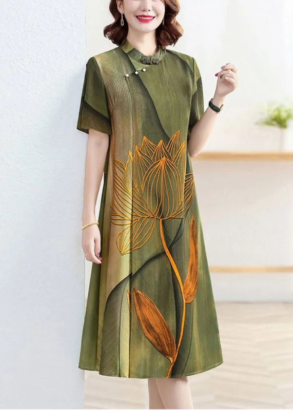 denim dressClassy Green Stand Collar Lotus Print Patchwork Silk Dress Summer