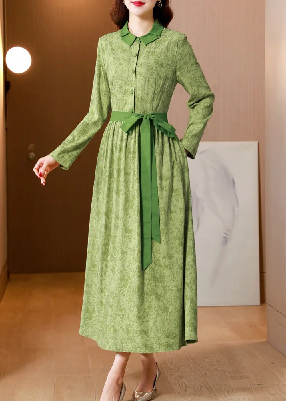 minimalistic dressClassy Green Print Tie Waist Patchwork Cotton Long Dress Fall