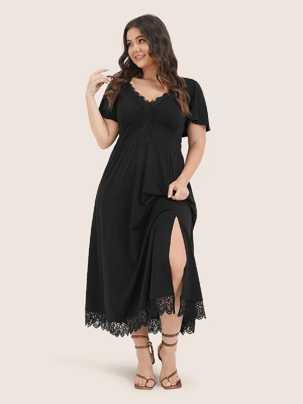 ashionable dressSolid Pocket Contrast Lace Split Maxi Dress