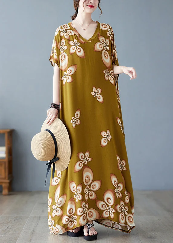 long sleeve dressStylish V Neck Print Cotton Beach Maxi Dresses Short Sleeve