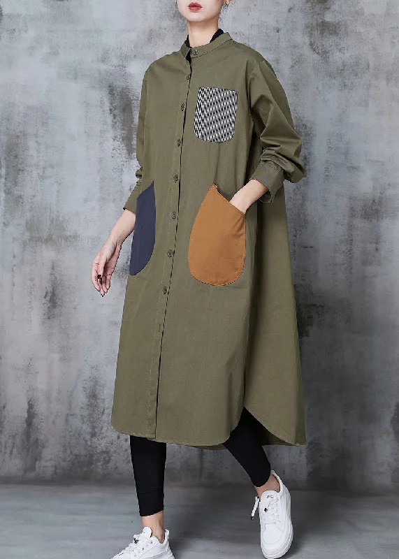 statement dressStylish Army Green Oversized Patchwork Cotton Shirt Dress Spring