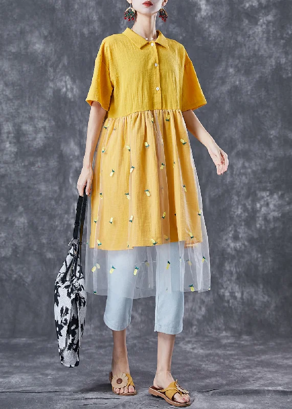 casual dressOrganic Yellow Embroideried Patchwork Tulle Cotton Dress Summer