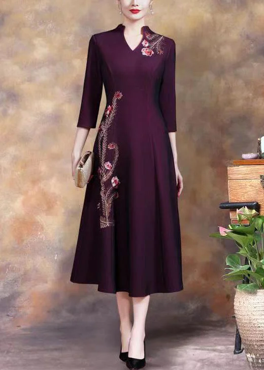 textured dressWomen Purple Embroidered Sequins Cotton Long Dress Fall