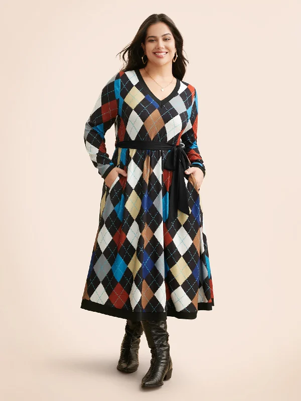 formal dressV Neck Colorblock Contrast Belted Dress