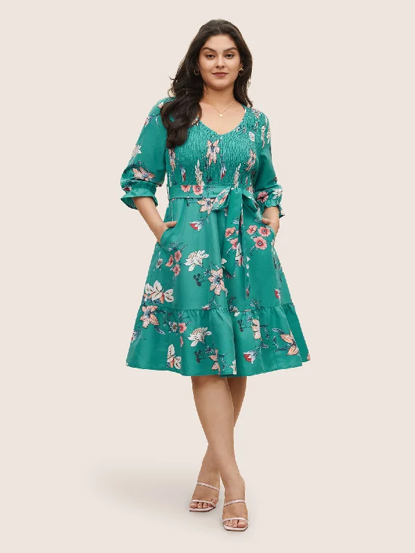 fitted cocktail dressFloral Print Shirred Front Ruffle Sleeve Dress