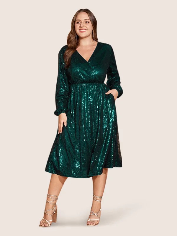 midi dressSolid Pocket Lantern Sleeve Wrap Sequin Dress