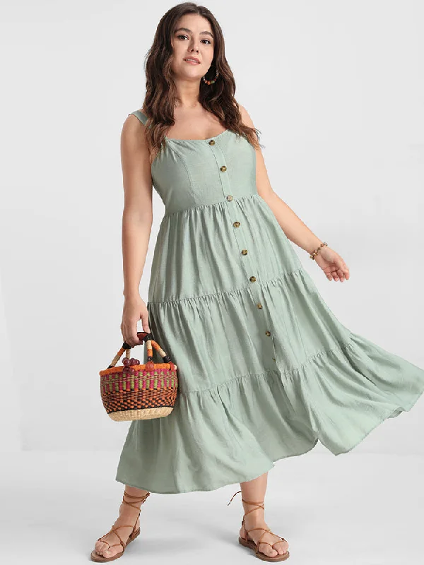 modern dressSolid Ruffles Button Backless Shirred Tank Dress