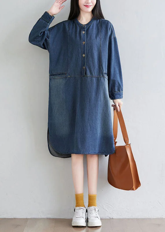 stylish party dressItalian Navy O Neck Patchwork Denim Dress Spring