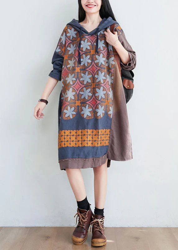 mini dressCoffee Print Patchwork Cotton Dress Hooded Spring