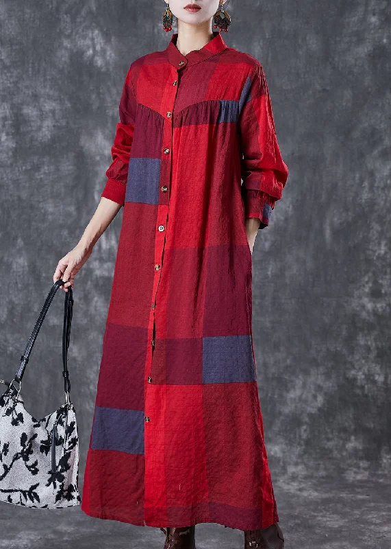 silk dressBohemian Red Stand Collar Print Linen Long Dresses Fall