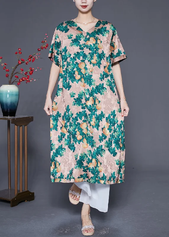 v-neck dressCasual Green And Black Print Wear On Both Sides Silk Long Dresses Summer