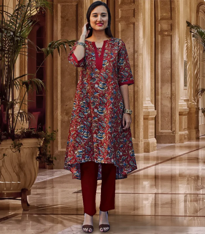 casual day dressARAind Printed Pure Cotton Embroidered Long Tunic Kurta Dress: Made to Order