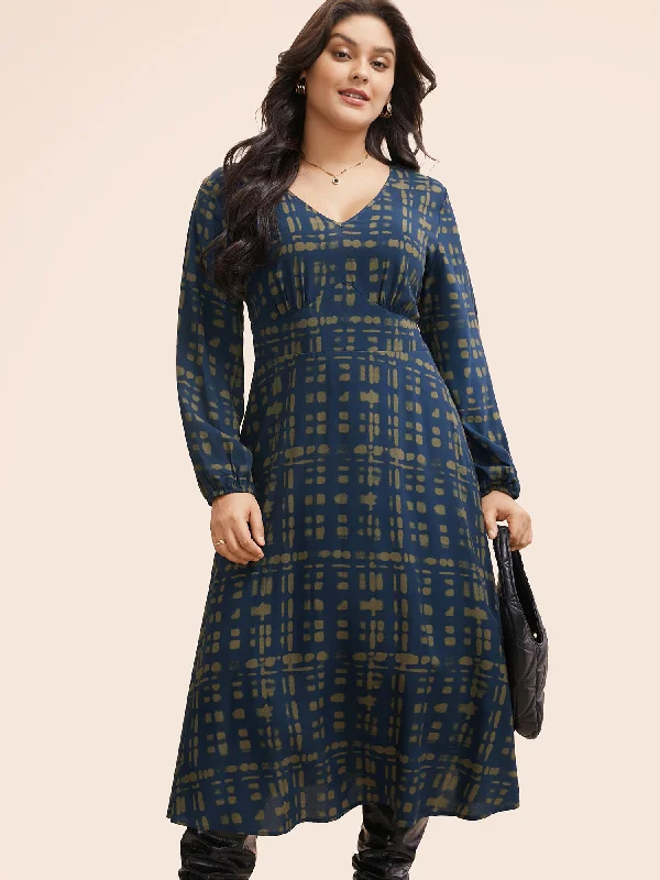 casual shift dressV Neck Plaid Lantern Sleeve Dress