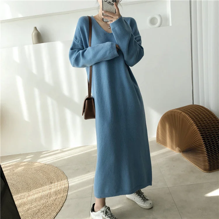 casual day dressJulia Fashion - V-Neck Loose Full Sleeve Women Sweater Long Dress