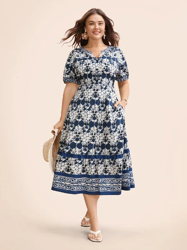 casual midi dressBandana Print Notched Lantern Sleeve Dress