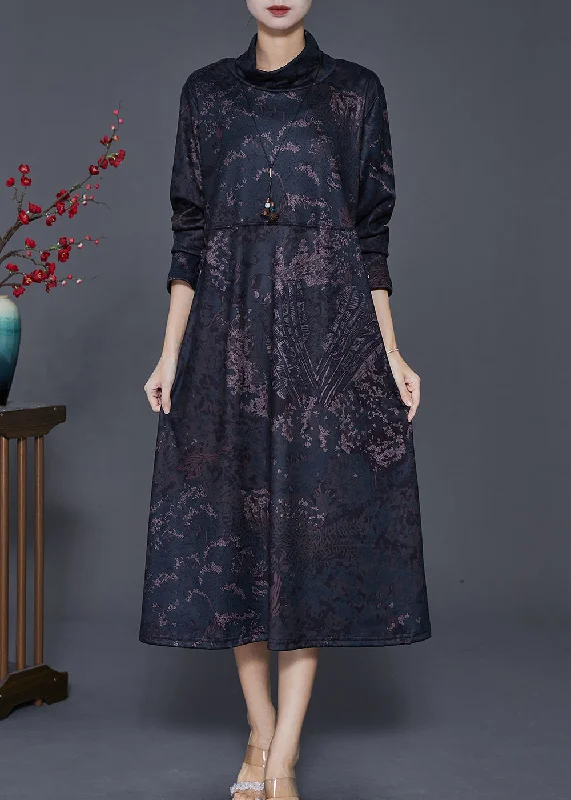 stylish party dressVintage Black Stand Collar Print Warm Fleece Long Dress Winter