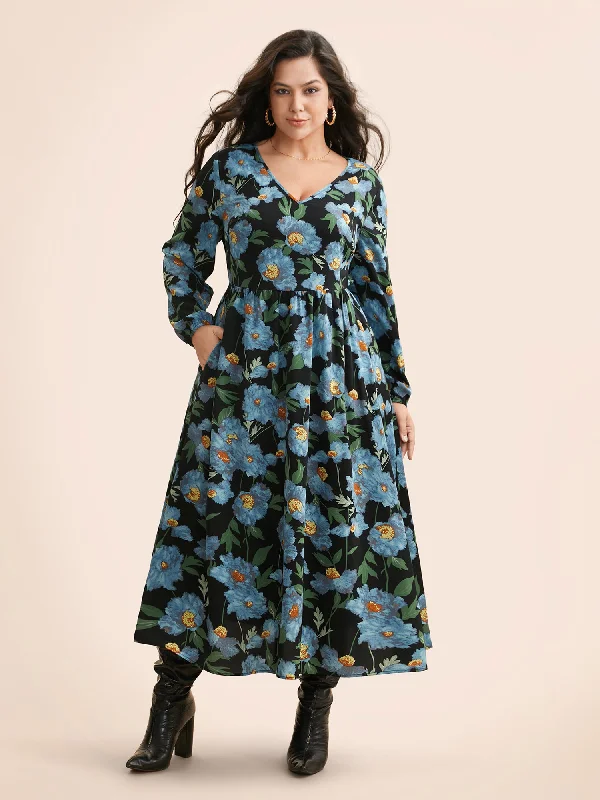 layered dressV Neck Floral Print Elastic Waist Dress