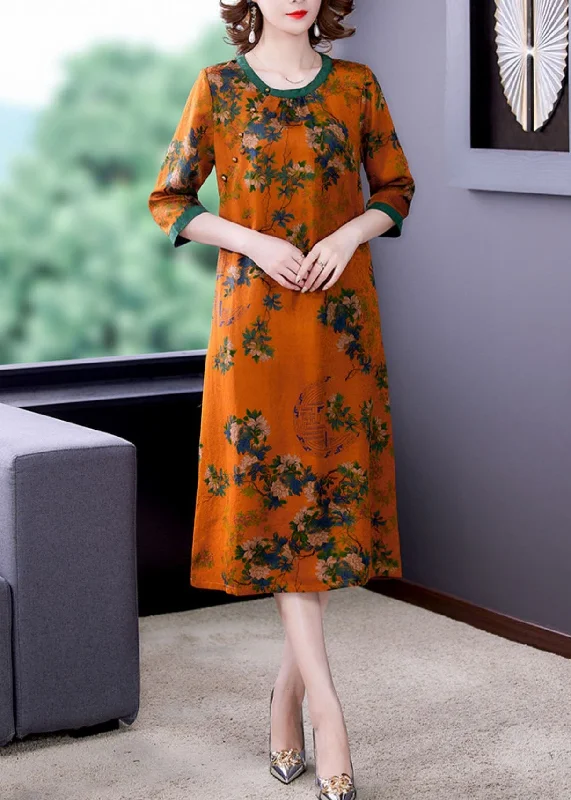 backless dressFitted Orange O Neck Print Patchwork Silk Dresses Summer