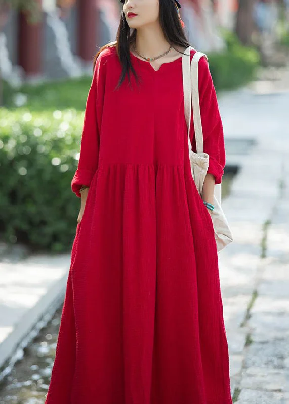 elegant evening dressRed Wrinkled Patchwork Linen Dress V Neck Long Sleeve