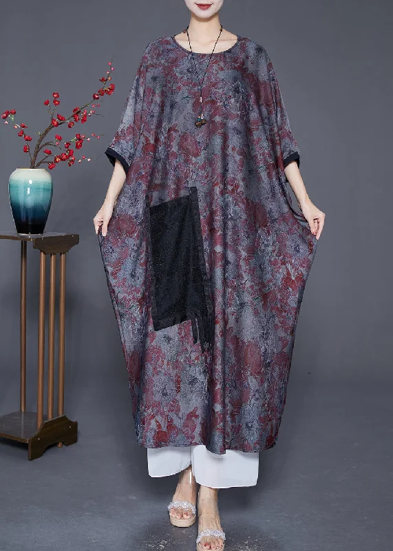 trendy wrap dressElegant Blue Grey Oversized Patchwork Tassel Silk Dresses Batwing Sleeve