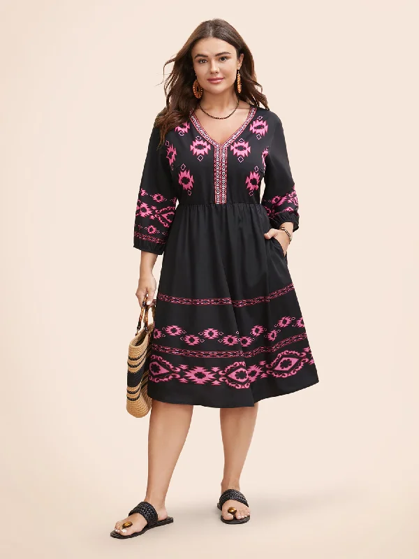 ashionable dressV Neck Bandana Print Elastic Waist Dress