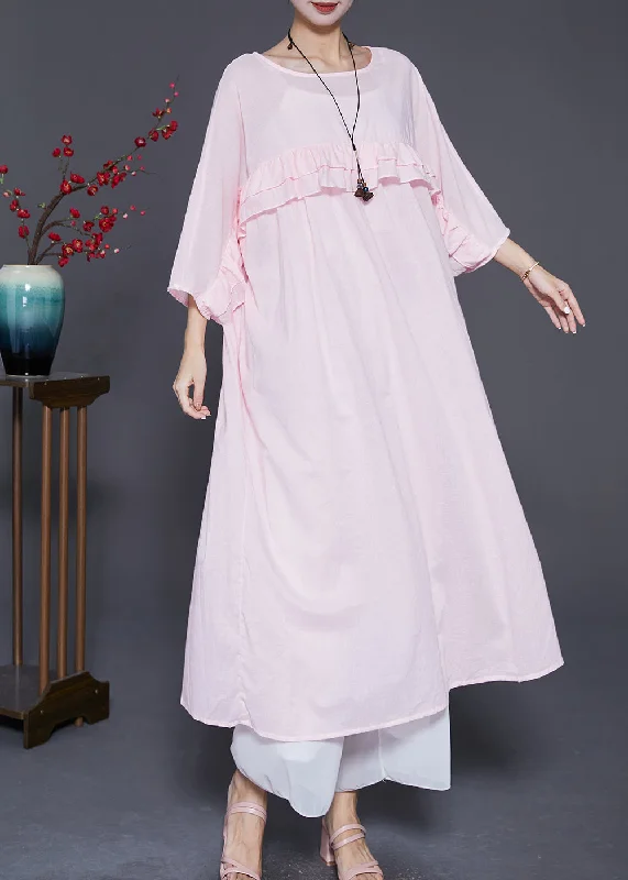 velvet dressNatural Pink Ruffled Patchwork Linen Robe Dresses Batwing Sleeve