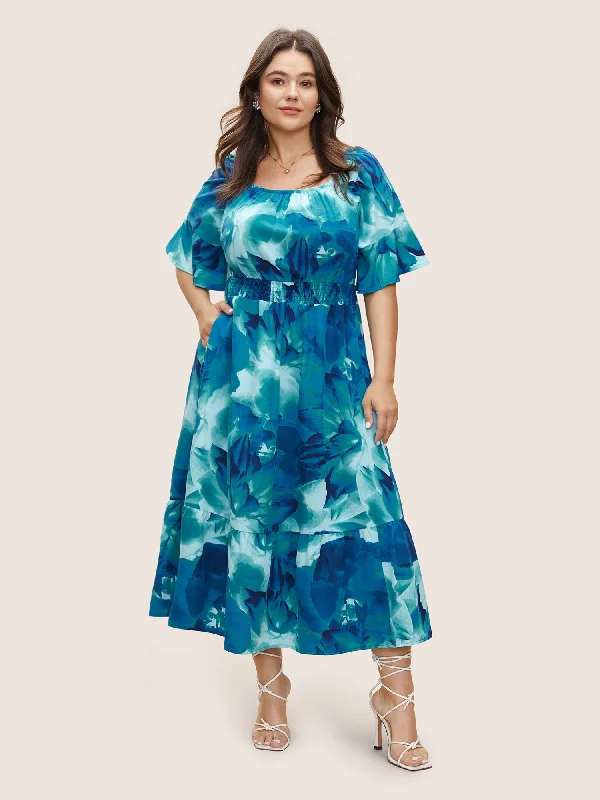 stylish dressSquare Neck Floral Shirred Gathered Ruffle Sleeve Dress