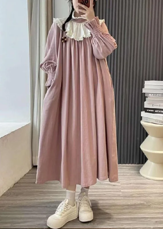 denim dressPlus Size Pink Ruffled Patchwork Cotton Long Dresses Spring