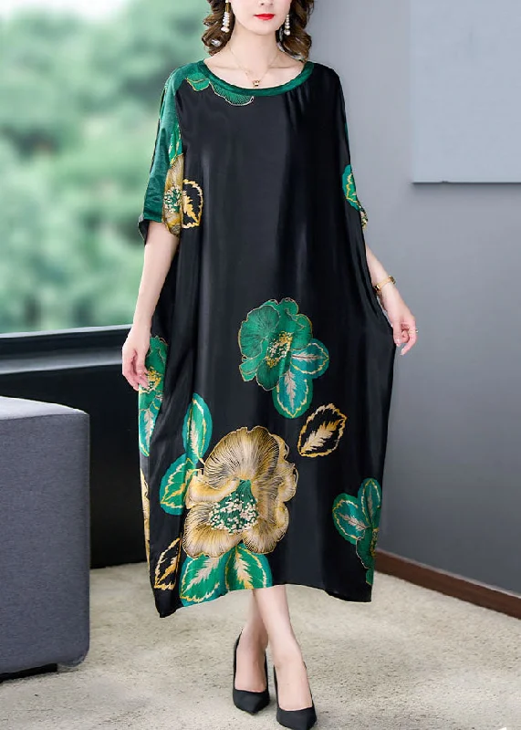 wrap dressLoose Black O Neck Print Pockets Patchwork Silk Dresses Summer