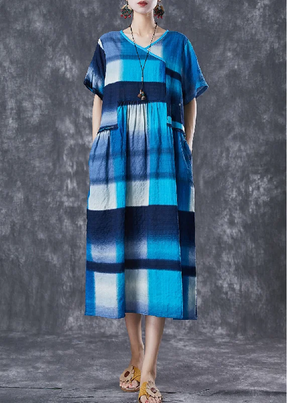 mini dressArt Blue Ruffled Patchwork Plaid Cotton Long Dress Summer