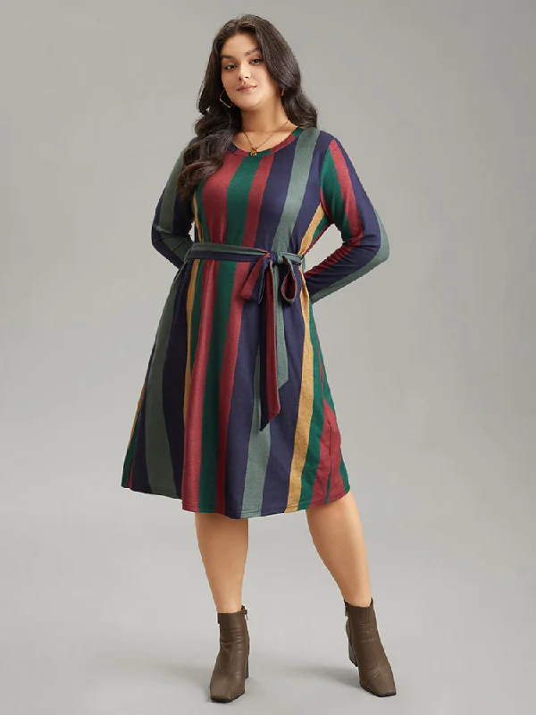 spaghetti strap dressColored Striped Pocket Belted Long Sleeve Dress