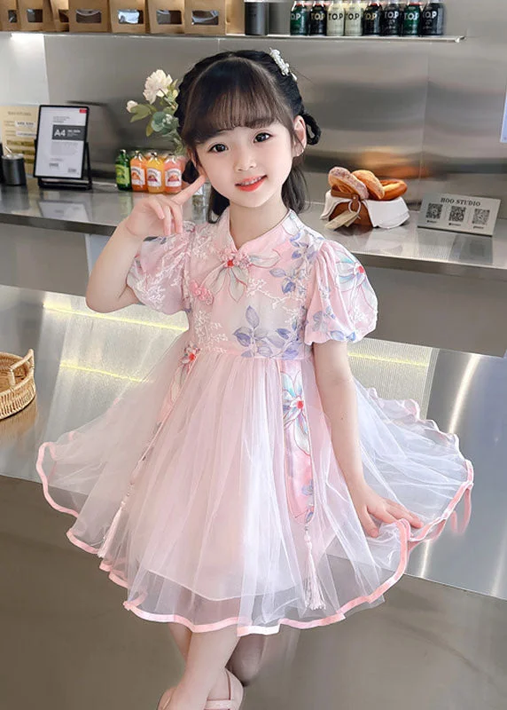 v-neck dressCute Pink Print Wrinkled Patchwork Tulle Kids Girls Dresses Summer