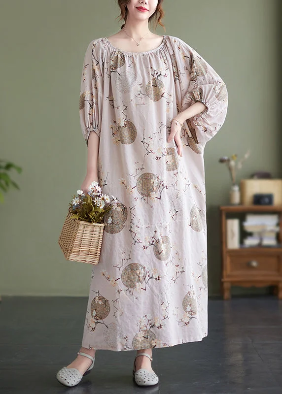 winter dressCute O-Neck Print Wrinkled Holiday Maxi Dress Puff Sleeve