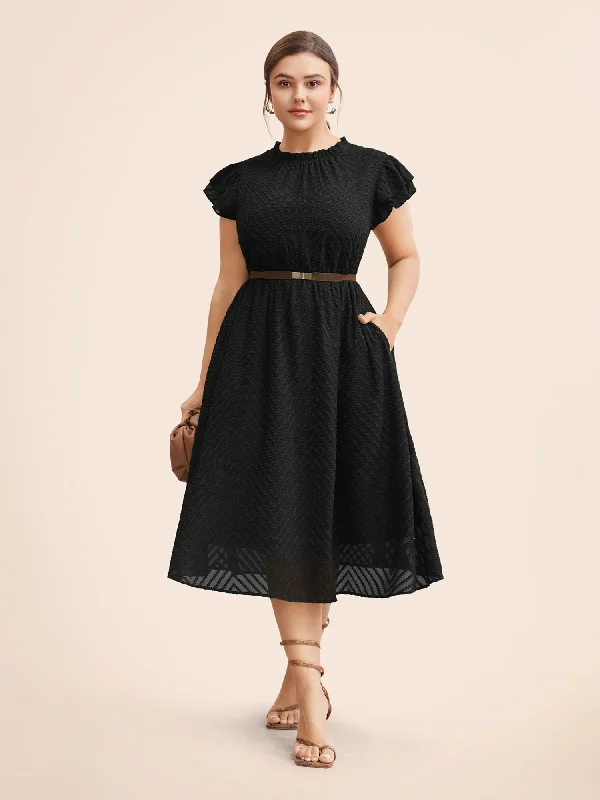 off-the-shoulder dressPlain Geometric Layered Sleeve Pocket Ruffle Mock Neck Dress