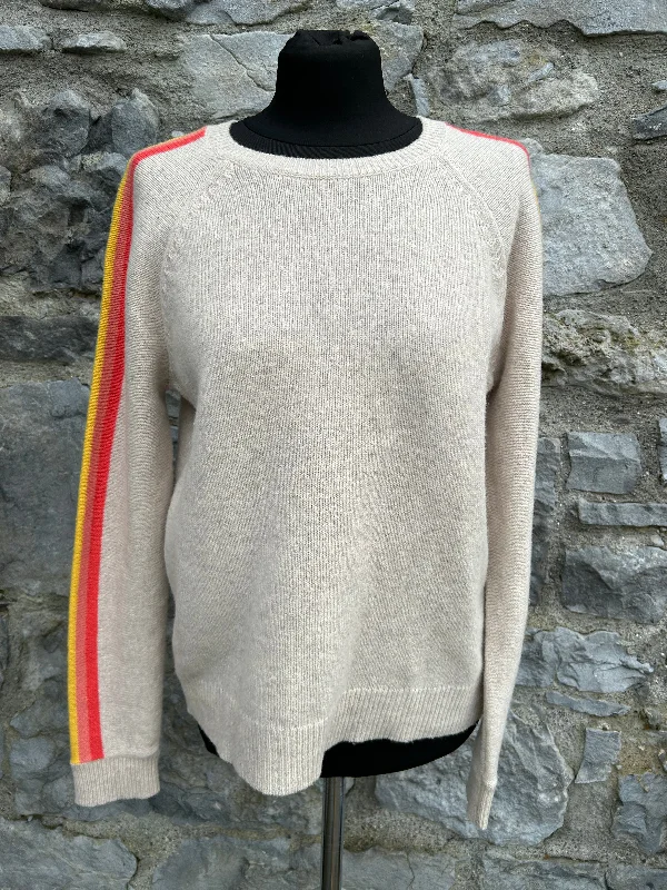 Beige jumper with rainbow sleeve stripes uk 12