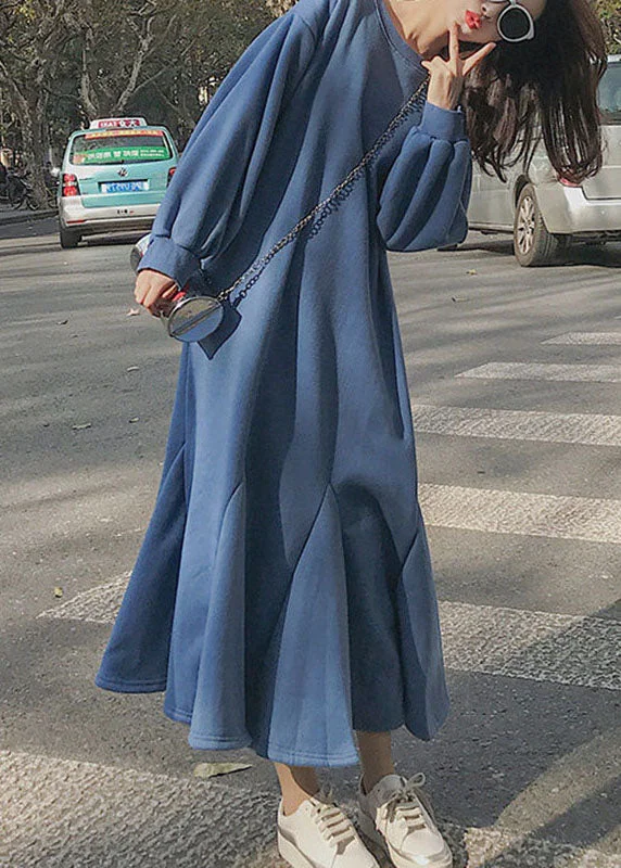 casual midi dressLoose Blue O-Neck Patchwork Long A Line Dress Fall