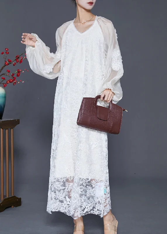 tiered dressFrench White Stereoscopic Floral Lace Long Dresses Fall