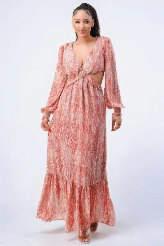 long sleeve dressPrinted V Neck Self Belted Side Cut Out Ruffled Maxi Dress