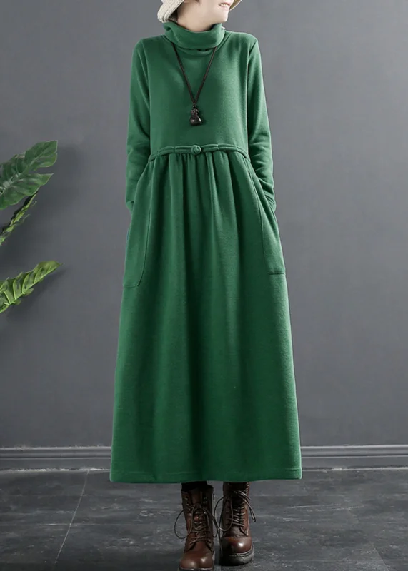 off-shoulder dressNew Green Turtleneck Lace Up Cotton Knit Maxi Dresses Winter