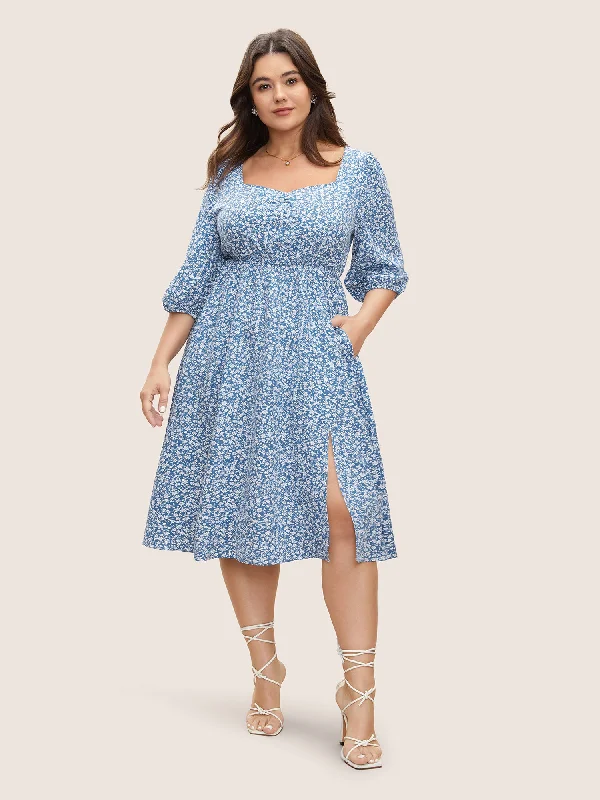 romantic dressDitsy Floral Print Square Neck Split Hem Dress